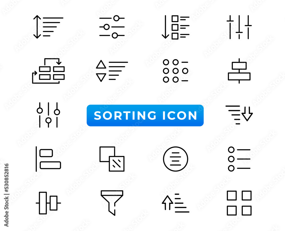 Poster set of sorting and filtering related linear icons on white background. templates of data processing,