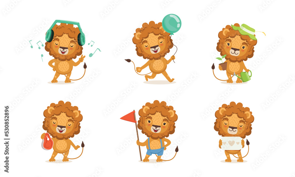 Poster cute lion character with mane engaged in different activity vector set