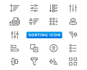 Set of sorting and filtering related linear icons on white background. Templates of data processing, structure order, digital management and other icons for business. Flat cartoon vector illustration