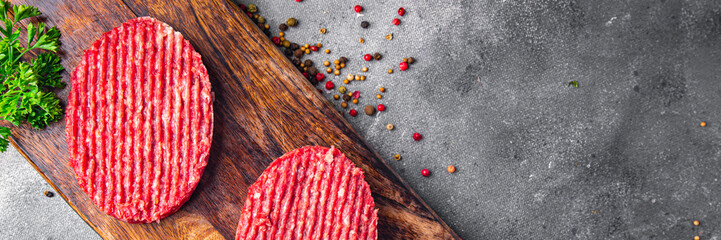 raw cutlet ground meat pork beef burger fresh dish meal food snack on the table copy space food...