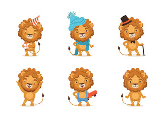 Cute Lion Character with Mane Engaged in Different Activity Vector Set