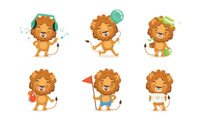 Cute Lion Character with Mane Engaged in Different Activity Vector Set