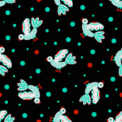 Seamless vector folklore pattern with white flying birds on black night background and blue red dots for cozy home textile and baby kids apparel. Geese and red berries.