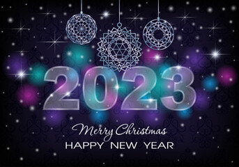 Sign 2023 with soft glow and Christmas balls. Dark blue background with luminescent glowand stars. New Year greeting card or invitation. Background with swirl and bright highlights.