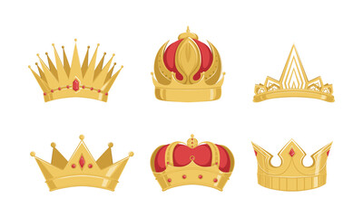 Golden Crown of King or Queen Royal Power and Monarch Symbol Vector Set