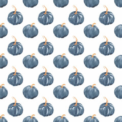 Watercolor seamless pattern with blue pumpkins. Perfect for textile, web design, souvenirs and other ideas.