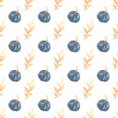 Watercolor digital autumn paper with blue pumpkin. Perfect for textile, web design, souvenirs and other ideas.