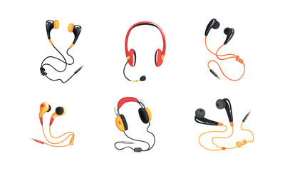 Wired Headphones and Earphones as Audio Equipment for Music Listening Vector Set