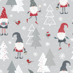 Christmas seamless pattern with scandinavian gnome, christmas tree and snowflakes. Can be used for fabric, wrapping paper, scrapbooking, textile, poster etc.