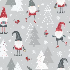 Gordijnen Kerst naadloos patroon met Scandinavische kabouter, kerstboom en sneeuwvlokken. Kan worden gebruikt voor stof, inpakpapier, scrapbooking, textiel, poster enz. © Nataliia Pyzhova