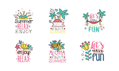 Summer Vacation Quote with Let's Have Fun and Aloha Inscription Vector Set