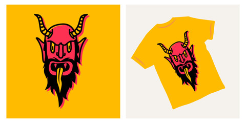 Cartoon evil face with horns trendy t-shirt design