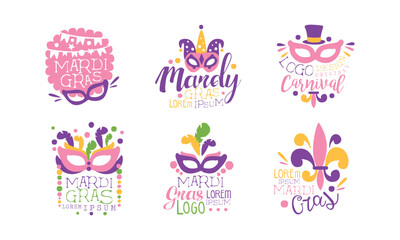Mardi Gras Carnival and Festive Typography Label with Mask and Feather Vector Set