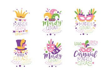 Mardi Gras Carnival and Festive Typography Label with Mask and Feather Vector Set © topvectors