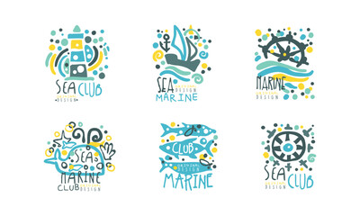 Sea and Marine Club Label Design with Lighthouse, Sailing Yacht and Steering Wheel Vector Set