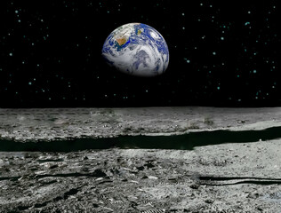 Fototapeta na wymiar The Planet Earth seen from the surface of the Moon. Elements of this image furnished by NASA.