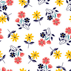 Modern attractive wild flowers vector seamless pattern design for textile and printing. Elegant ditsy floral texture with white color background