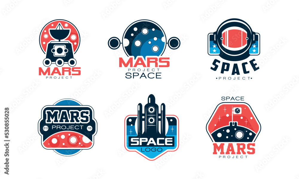 Poster mars and space expedition project label with shuttle and planet vector set