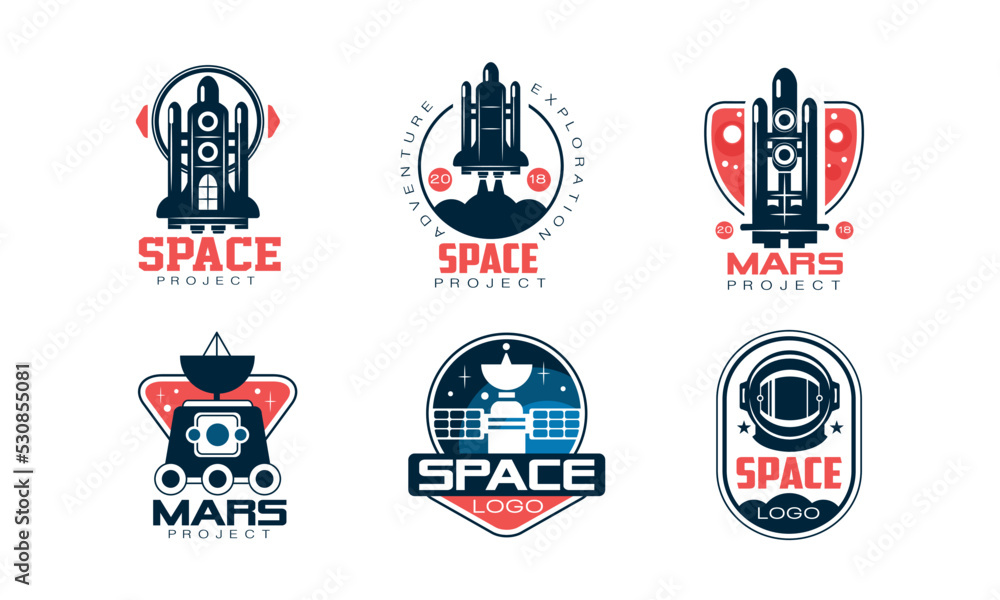 Poster mars and space expedition project label with shuttle and satellite vector set