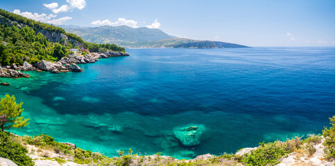 amazing view on azure Ionian sea in Himare in Albania  - obrazy, fototapety, plakaty