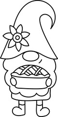 Cute gnome with pumpkin pie. Thanksgiving day character. Doodle style. Outline vector illustration. Ideal for coloring books, stamps, greeting cards and others. 