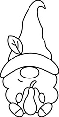 Cute gnome with little pumpkin. Thanksgiving day character. Doodle style. Outline vector illustration. Ideal for coloring books, stamps, greeting cards and others. 