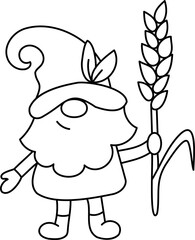 Cute gmone with big wheat ear. Thanksgiving day character. Doodle style. Outline vector illustration. Ideal for coloring books, stamps, greeting cards and others. 