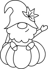 The gnome is sitting on a large pumpkin and waving his hand. Thanksgiving day character. Doodle style. Outline vector illustration. Ideal for coloring books, stamps, greeting cards and others. 