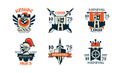 Middle Ages and Medieval Premium Club Logo Design with Sword and Knight Armour Vector Set
