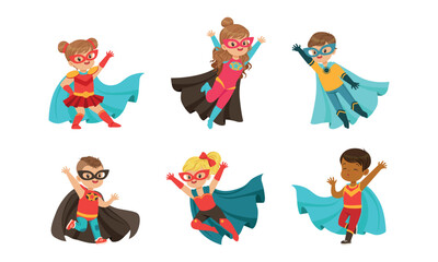 Little Boy and Girl Wearing Costume of Superhero Pretending Having Power for Fighting Crime Vector Set