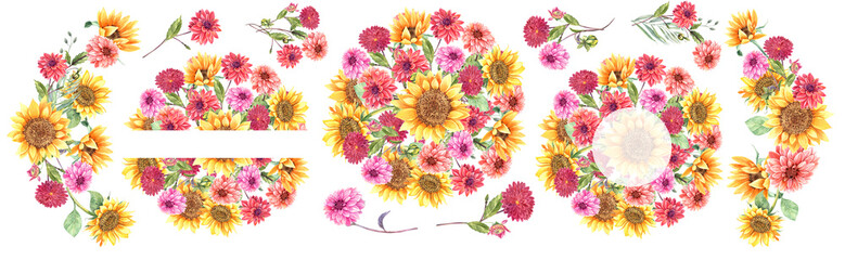 Dahlias, sunflowers bouquet, wreaths, floral arrangements  clipart. Stock illustration. Hand painted in watercolor.
 Stock illustration. Hand painted in watercolor.