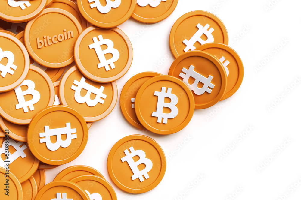 Poster bunch of bitcoin coins randomly placed with copy space on the right side. top view angle suitable fo