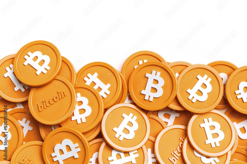Poster bitcoin btc coins template made of a lot of randomly placed tokens seen from above with copy space o