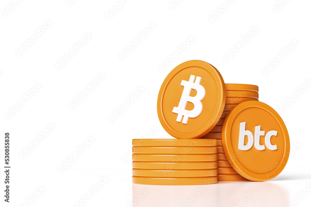Poster set of bitcoin stacks and coins showing logo and ticker. illustrative design suitable for blockchain