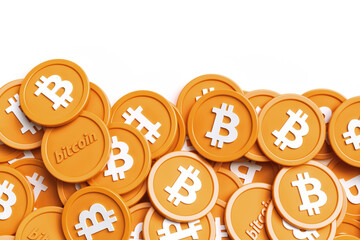 Bitcoin Btc coins template made of a lot of randomly placed tokens seen from above with copy space on top. High quality 3D rendering.