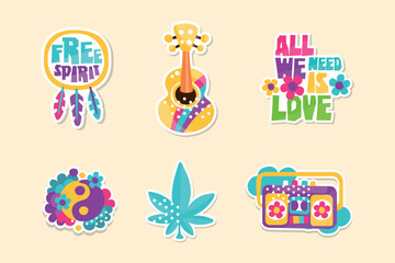 Hippie Retro Vintage Stickers with Dreamcatcher, Guitar, Cassette Recorder and Yin Yang Vector Set