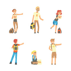People Travelling by Hitchhiking or Autostop Thumbing Standing on the Road Vector Set