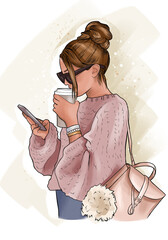 A young girl drinks coffee and talks on the phone. A girl with dark hair in a voluminous knitted sweater and with a backpack on her shoulder. Online communication. Illustration