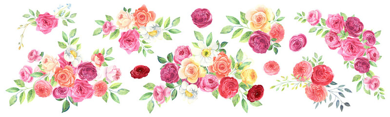 Yellow, red, pink, white roses clipart. Wedding, birthday, valentines, mothers day cards. Stock illustration. Hand painted in watercolor.