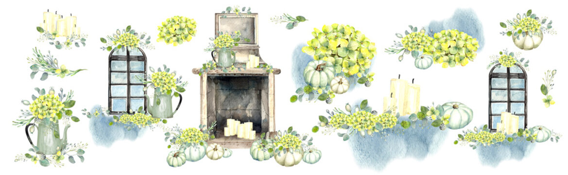Yellow hydrangea, autumn pumpkins, fireplace, fall garden deco. isolated elements on a white background. Stock illustration. Hand painted in watercolor.