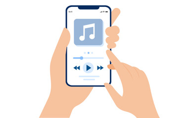 Hand holding phone and playing music player media player app music player user interface.