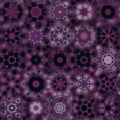 Artistic ornaments carved with blooming verbena flowers in dark purple and black with a kaleidoscope concept, seamless patterns, and other combinations of shapes. Modern fractal design and line art