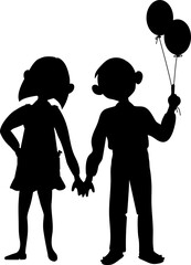 Happy boy and girl are always together. They are good friends. Silhouette black.  Vector.