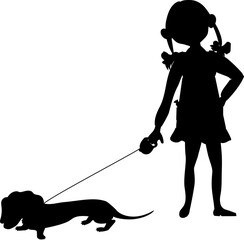 Cheerful little girl loves her red dachshund dog. Silhouette black  Vector.