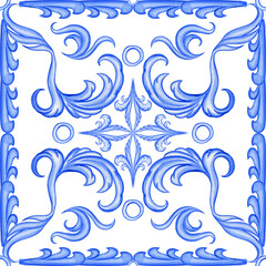 Majolica seamless pattern. Sicilian hand drawn blue ornament. Traditional blue and white ceramic tiles. Portuguese traditional azulejo pattern. Moroccan style..