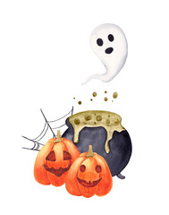 Witch pot with potion, ghost and pumpkins. Watercolor illustration spooky decor on white background.