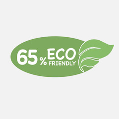 65% Eco friendly green leaf label sticker. 2d vector illustration. Eco friendly stamp icons Vector illustration with Green organic plant leaf.