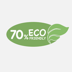 70% Eco friendly green leaf label sticker. 2d vector illustration. Eco friendly stamp icons Vector illustration with Green organic plant leaf.