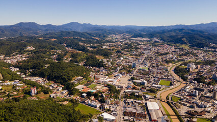 Aerial footage of the city of Brusque in Santa Catarina