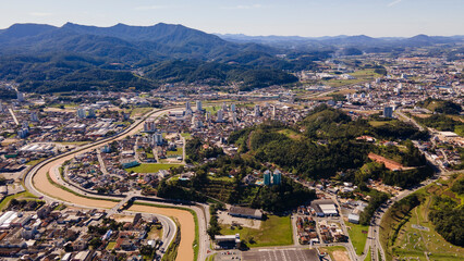 Aerial footage of the city of Brusque in Santa Catarina
